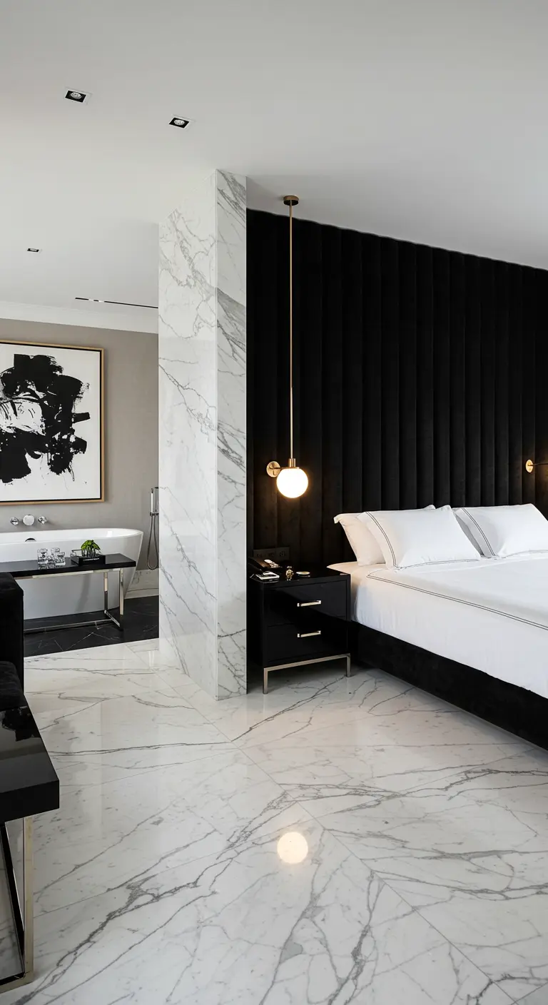 Slaapkamer met gestoffeerde zwarte wand, marmeren pilaar, wit bed en abstract kunstwerk.