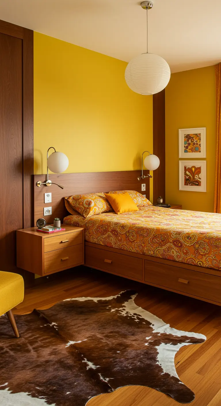 Jaren 70 slaapkamer met mosterdgele muur, paisley beddengoed en een koeienhuid.