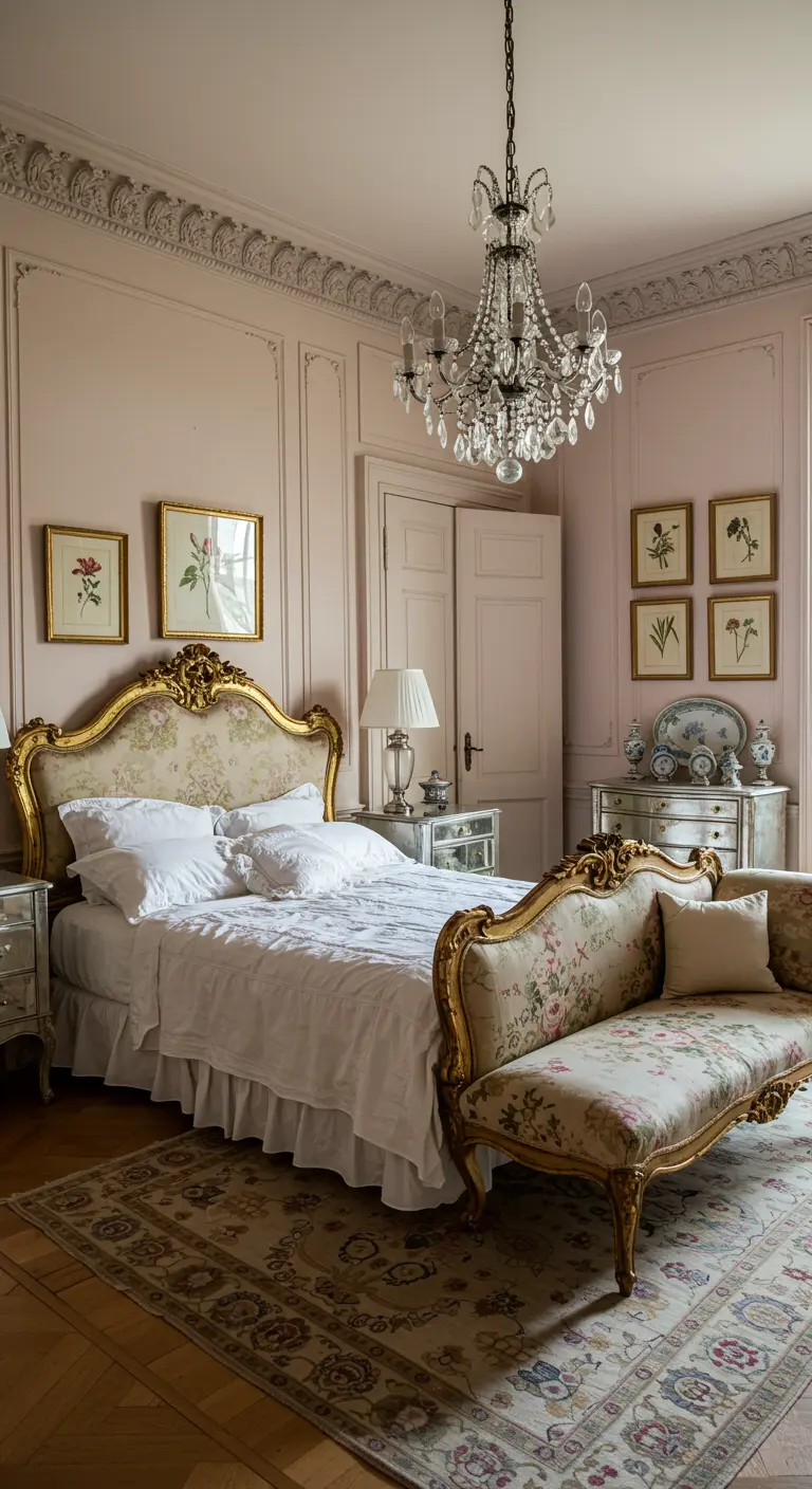 Luxe slaapkamer in zachtroze met gouden bed, chaise longue en kristallen kroonluchter.
