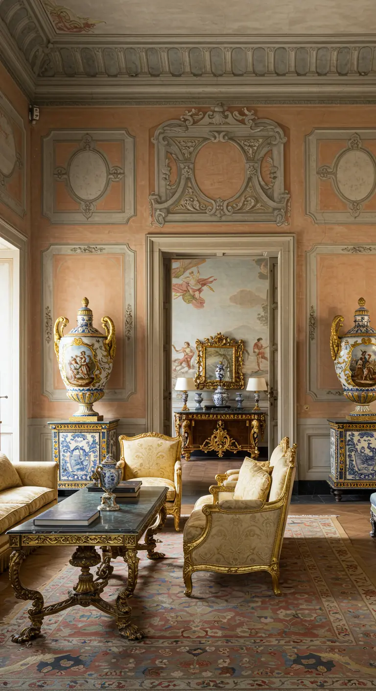 Klassieke Italiaanse woonkamer met perzikkleurige muren, sierlijsten en grote, barokke vazen op sokkels.