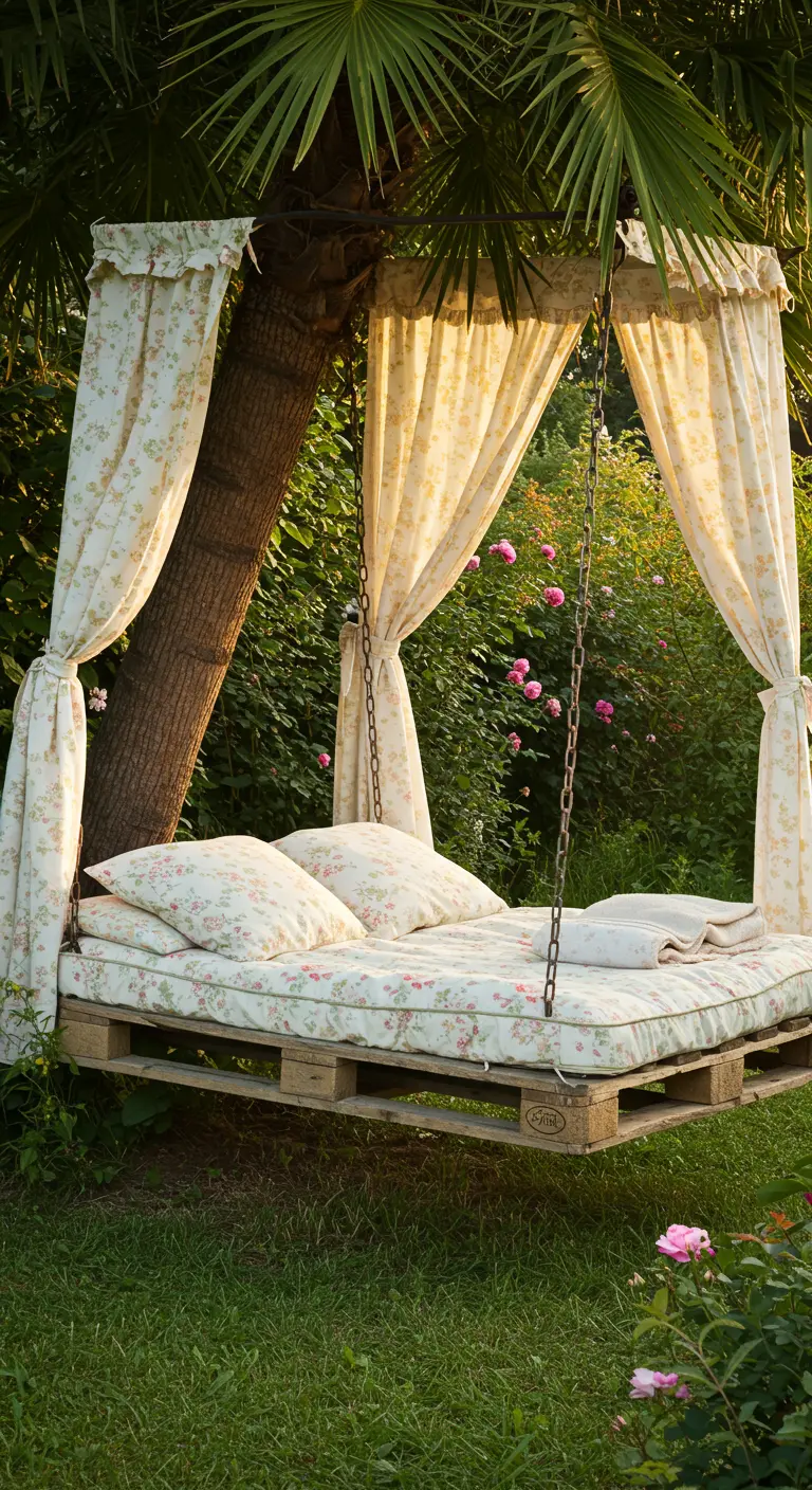Zwevend bed van pallets met bloemenpatroon beddengoed en gordijnen, onder een palmboom in een tuin.
