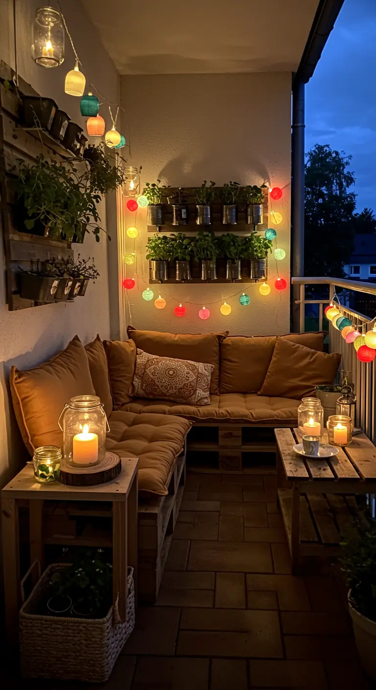 Balkon met een palletbank, veel kussens, gekleurde lampionnen en verticale kruidentuintjes.