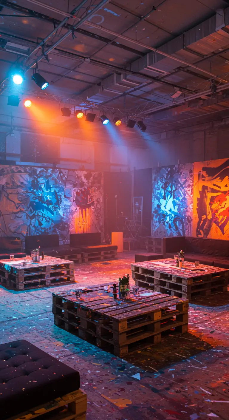 Industriële ruimte met pallettafels en zitjes, verlicht met gekleurde spotlights die geometrische kunstwerken aan de muur accentueren.
