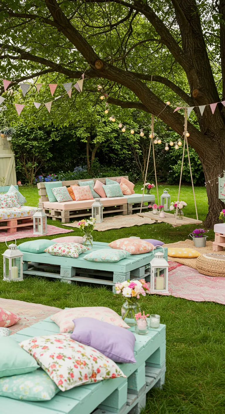 Tuin met gerecyclede palletbanken, pastelkleurige kussens, schommels en vlaggetjes.