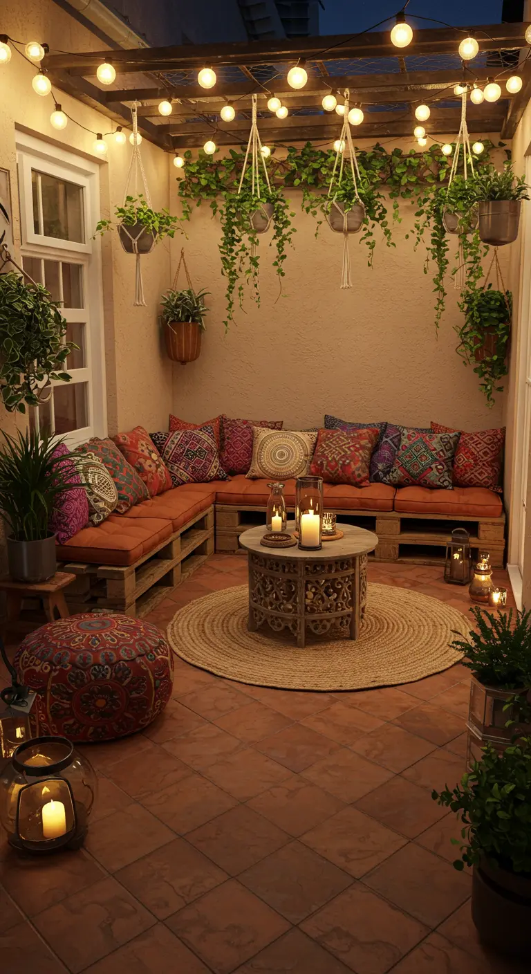 Knus terras met een loungebank van pallets, kleurrijke kussens en sfeervolle lichtslingers.