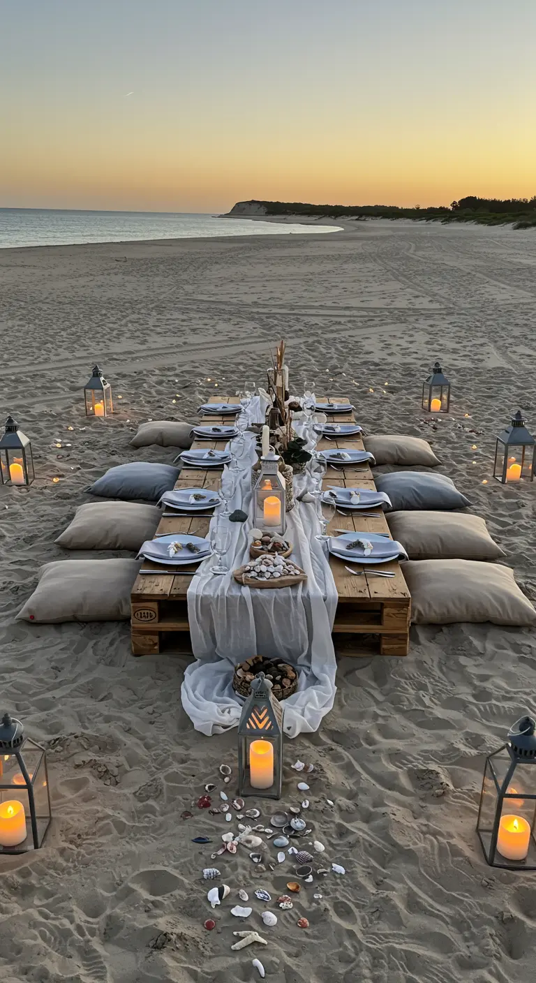 Bohemian picknick op het strand met een tafel van pallets, kussens en lantaarns bij zonsondergang.
