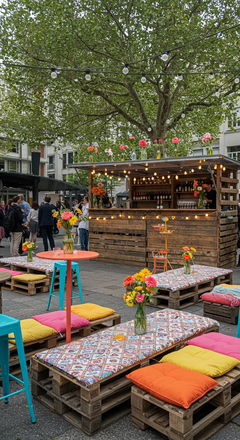 Buitenfeest met palletmeubels, kleurrijke kussens, houten bar en bloemen in flessen.