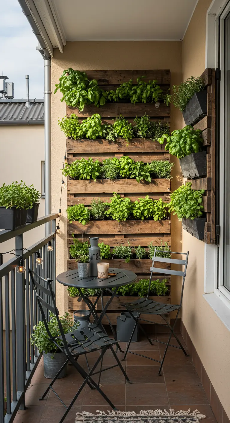 Balkon met verticale kruidenwand van gerecyclede houten pallets, met diverse groene kruiden.