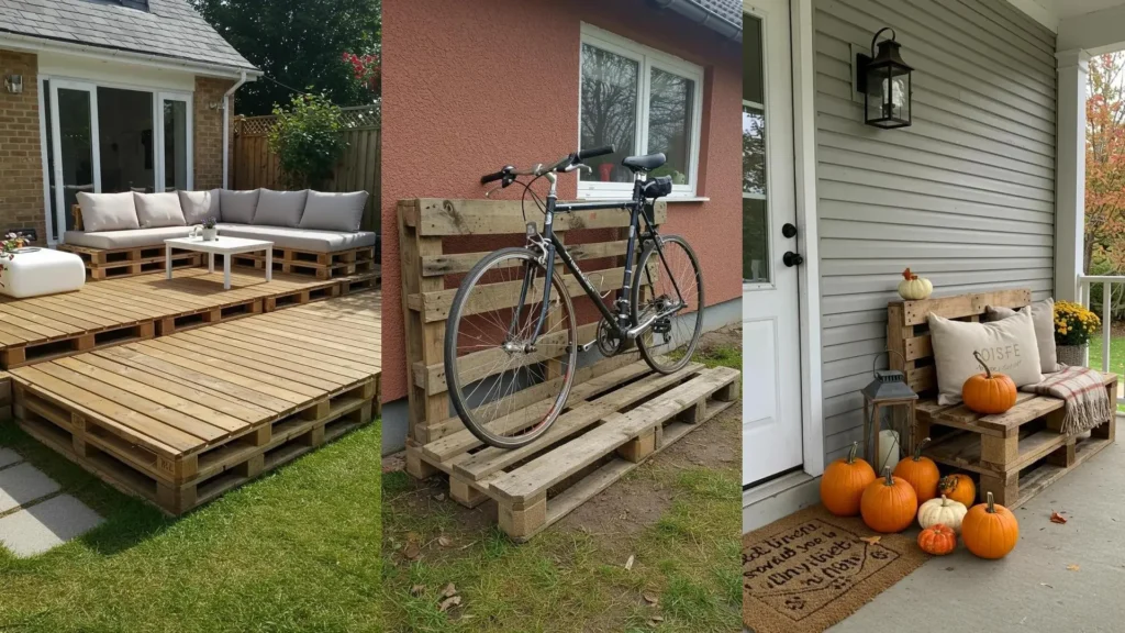 Creatieve buitenideeën met hergebruikte pallets: een terras, fietsenrek en decoratieve bank.