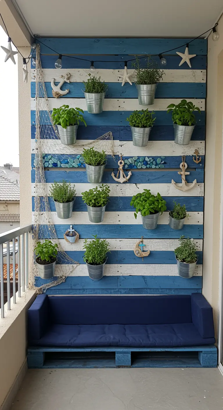 DIY nautische palletwand met blauw-witte strepen, hangplanten, visnet en decoratieve ankers.