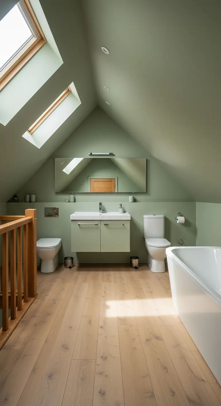 Zolderbadkamer met saliegroene muren en een brede spiegel onder een schuin dak met dakramen.