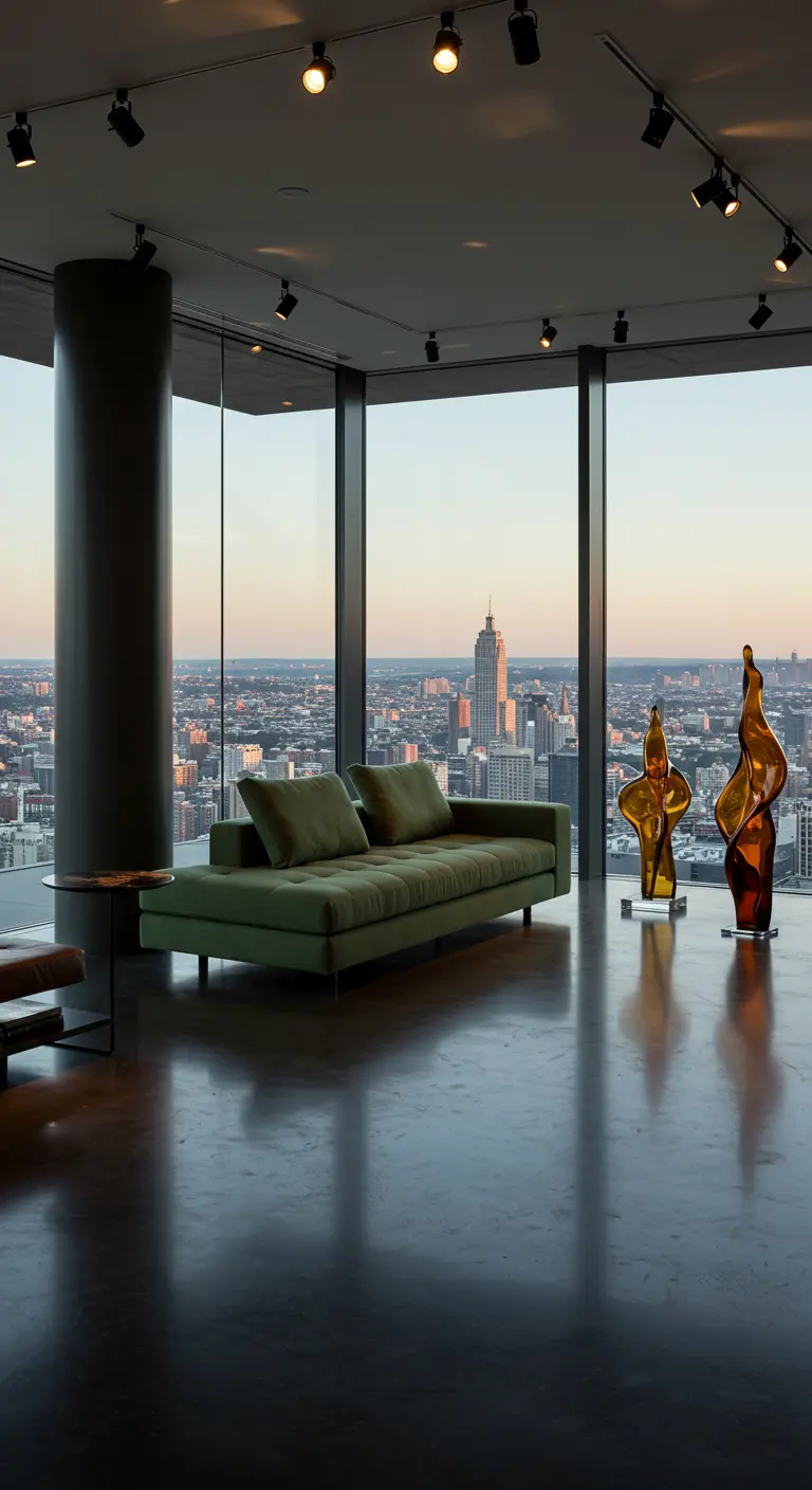 Moderne woonkamer met panoramisch uitzicht, saliegroene bank en amberkleurige sculpturen