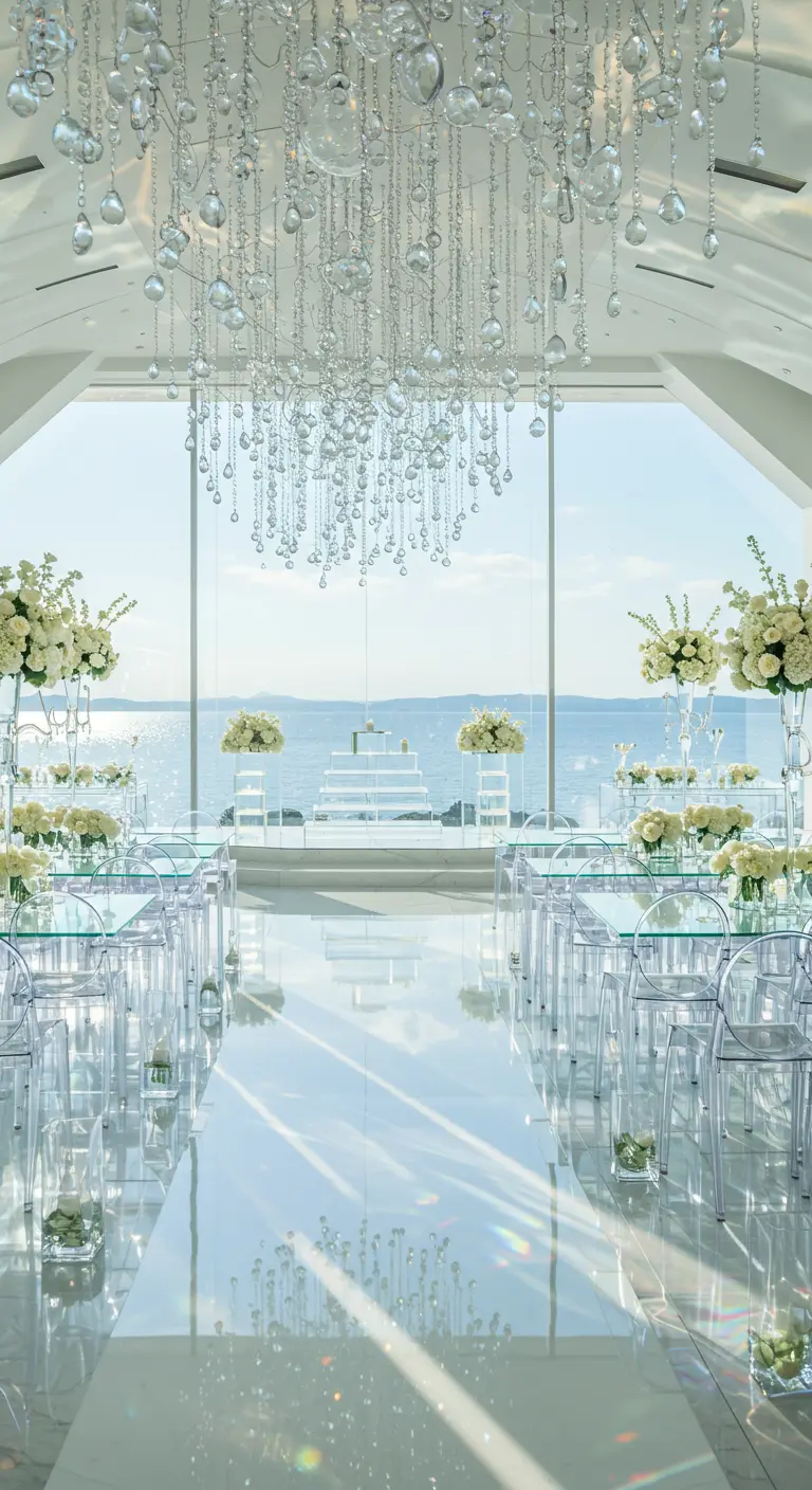 Glazen ruimte met uitzicht op water, kristallen decoraties, witte bloemen en transparante stoelen.