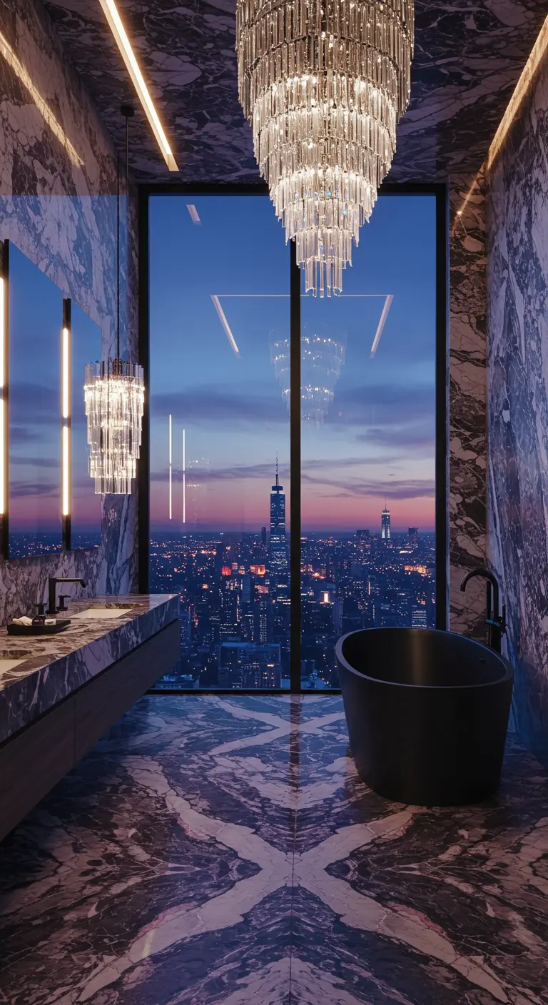 Luxe badkamer met donker marmer, groot raam met uitzicht op de stad en kristallen kroonluchters.