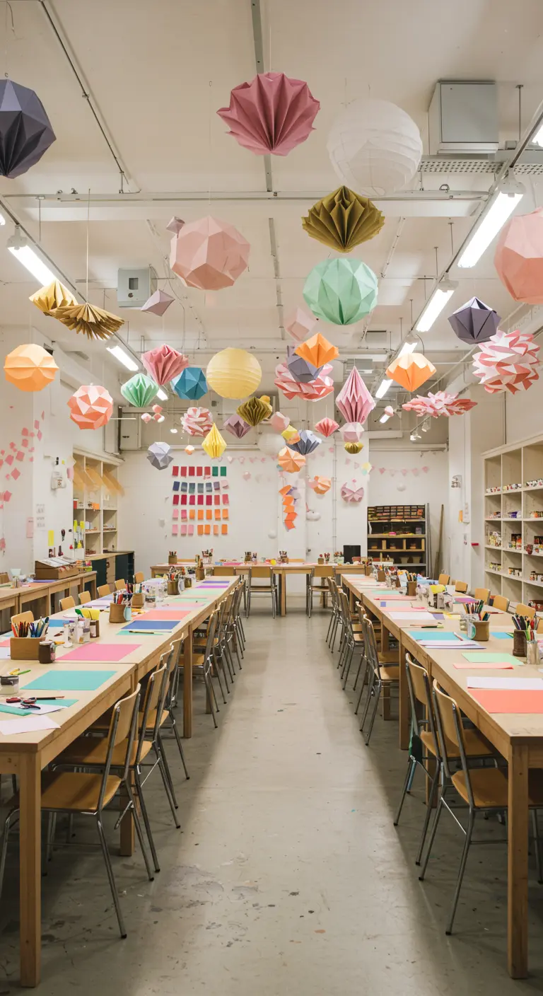 Grote ruimte met lange tafels en talloze hangende papieren lantaarns en geometrische vormen in pastelkleuren.