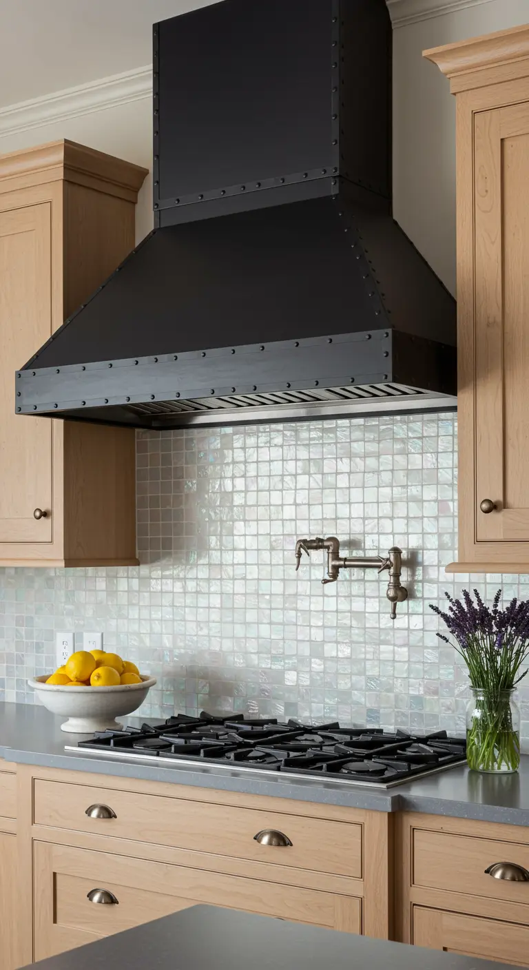 Keuken met zwarte industriële afzuigkap, parelmoer-tegeltjes en licht eikenhouten kasten.