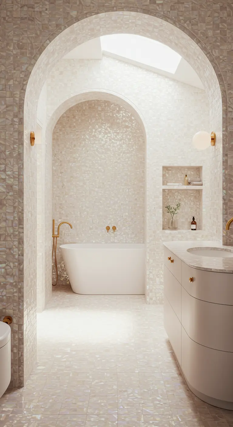 Luxe badkamer met parelmoer mozaïektegels, een boogvormige doorgang en een vrijstaand bad.