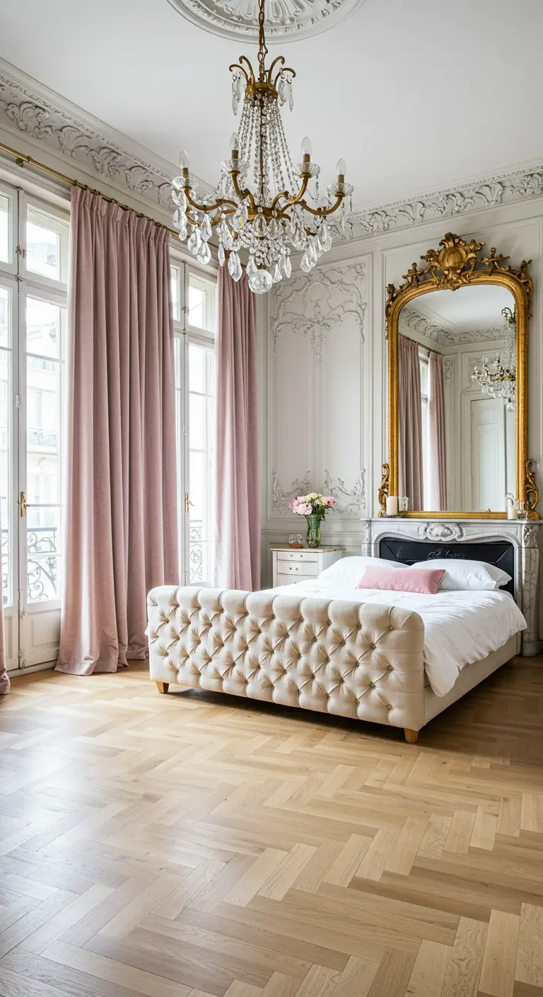 Romantische slaapkamer met roze fluwelen gordijnen, gouden spiegel en kroonluchter.