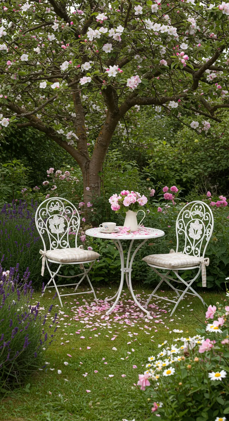 Romantische witte bistroset onder een bloeiende boom, omringd door bloemen en rozenblaadjes.
