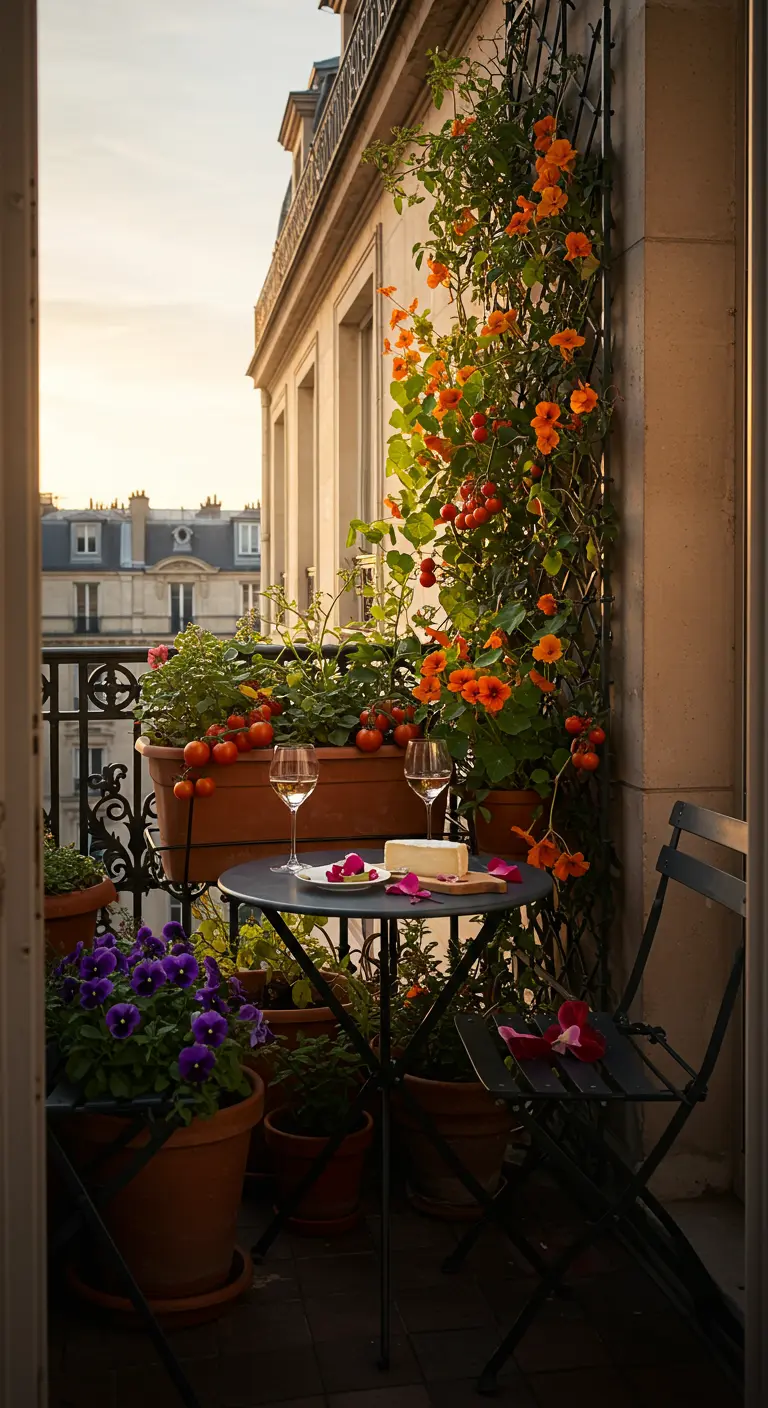 Parijs balkon met klimplanten, tomaten, en een tafeltje met wijn.