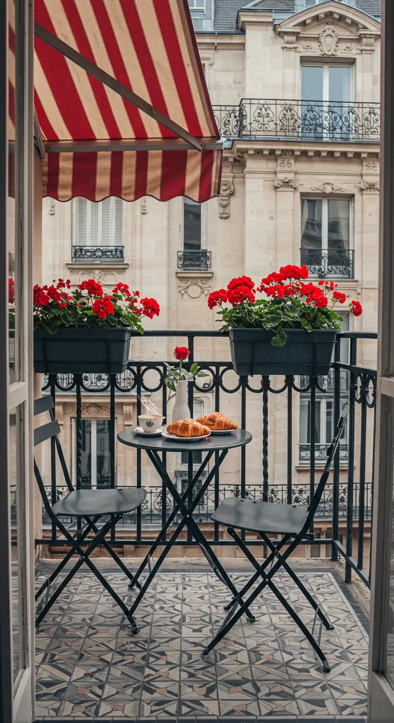Klein balkon in Parijse stijl met bistroset, rood-wit zonnescherm en rode geraniums.
