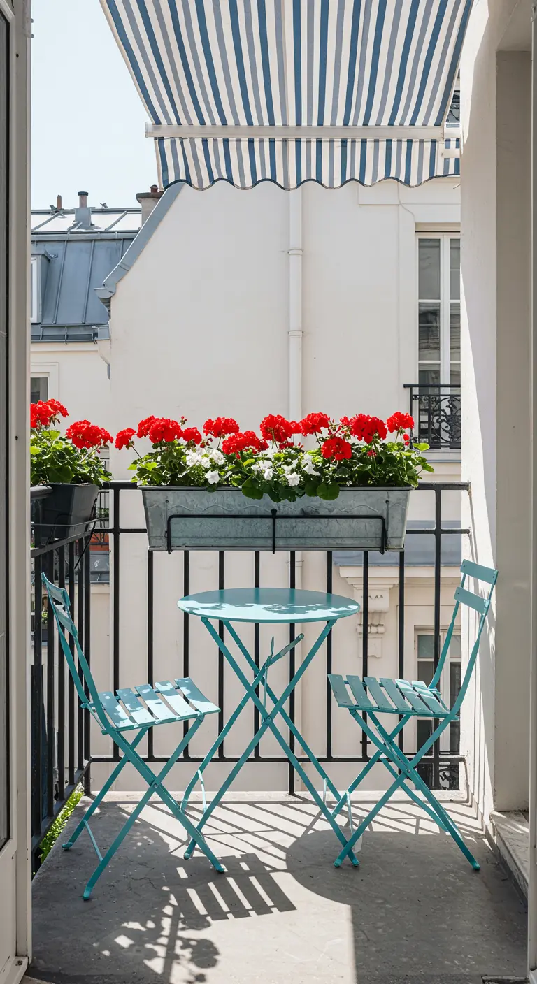 Klassiek Parijs balkon met een turquoise bistroset, rode geraniums en een blauw-wit gestreept zonnescherm.