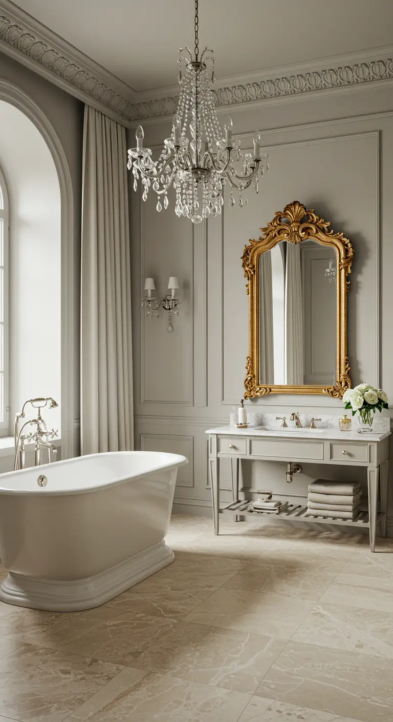 Elegante badkamer met een grote gouden barokspiegel, kroonluchter en klassieke lambrisering.