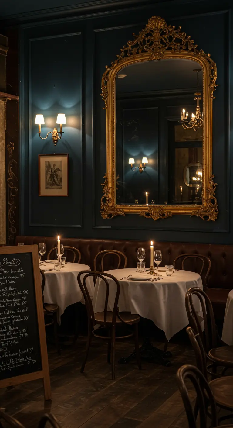 Donker restaurantinterieur met witte tafelkleden, kaarslicht en een grote gouden spiegel.