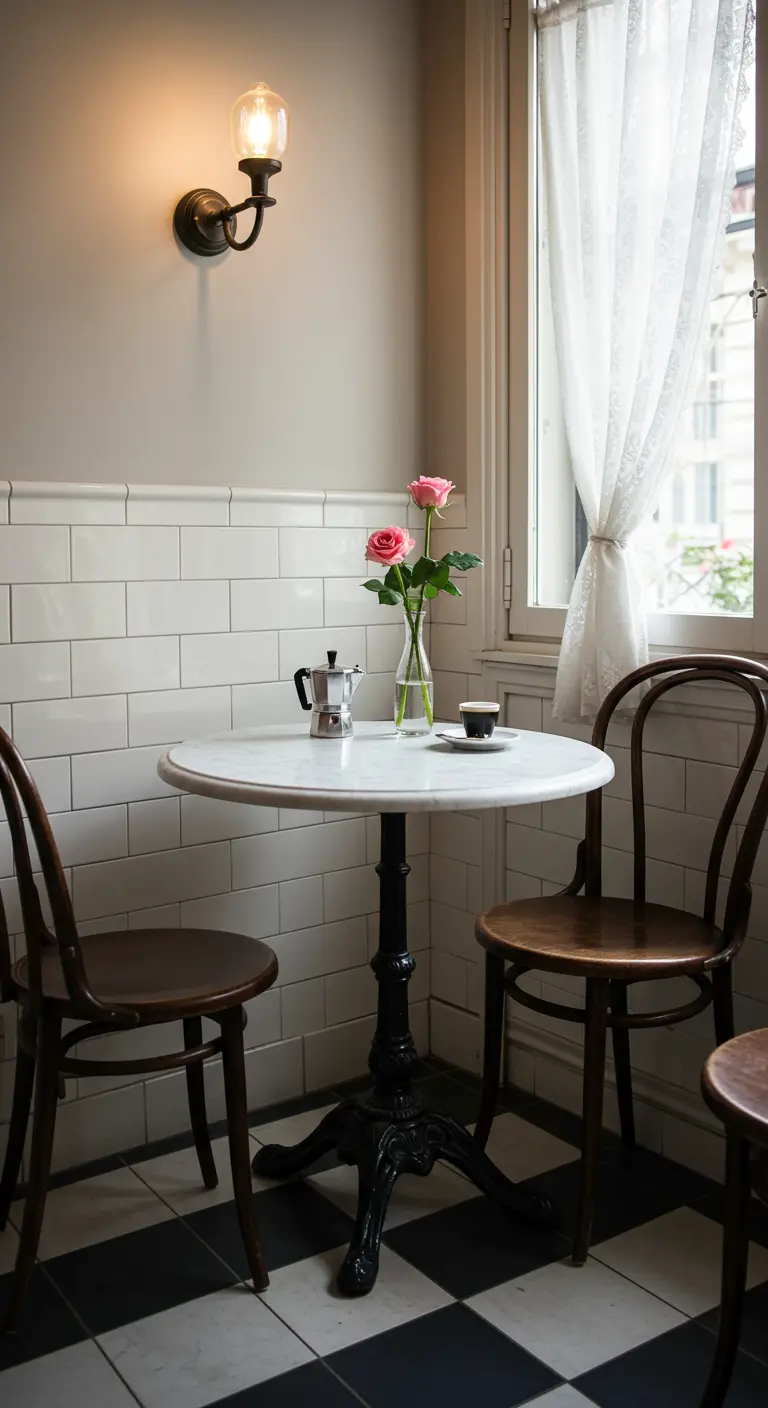 Bistro eethoekje met ronde marmeren tafel, houten stoelen en witte tegelwand.