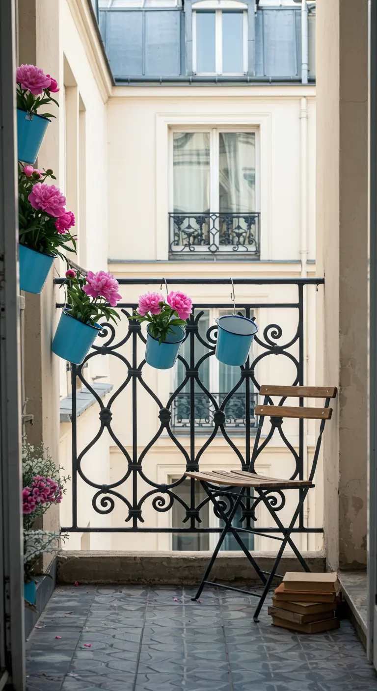 Smal Parijs balkon met blauwe emaille emmers vol roze pioenrozen aan het hek.