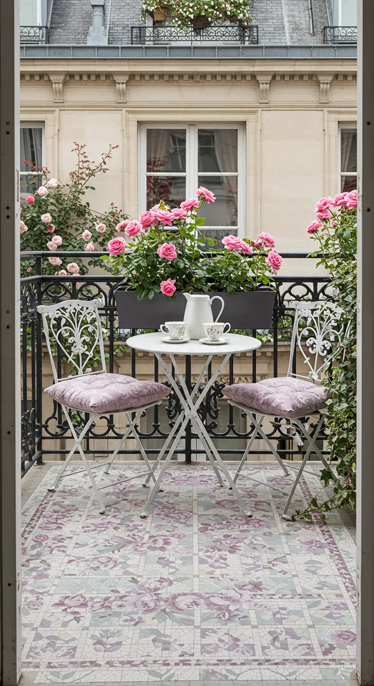 Klein Parijs balkon met een wit smeedijzeren setje, roze rozen en een tegelvloer met patroon.