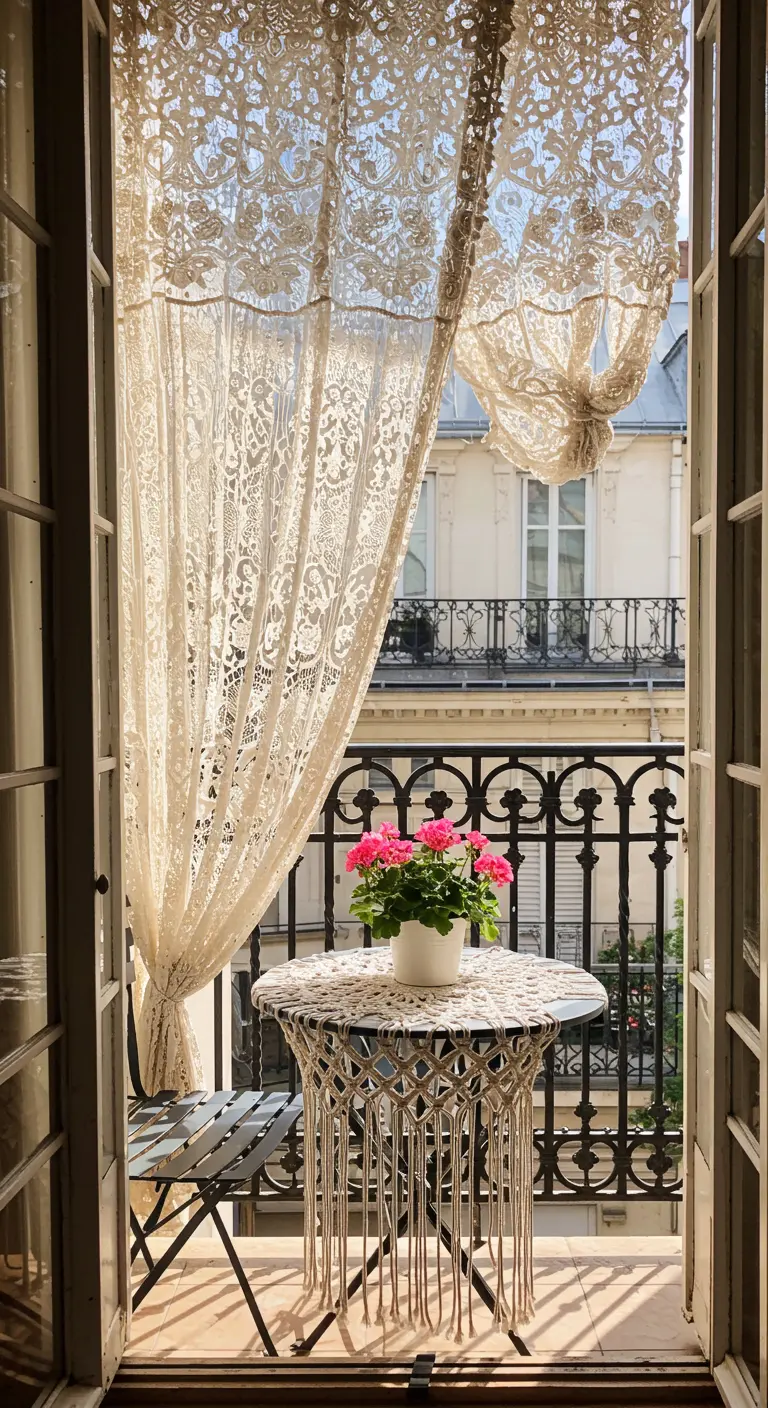 Balkon in Parijse stijl met een macramé tafelkleed, kanten gordijn en roze bloemen.