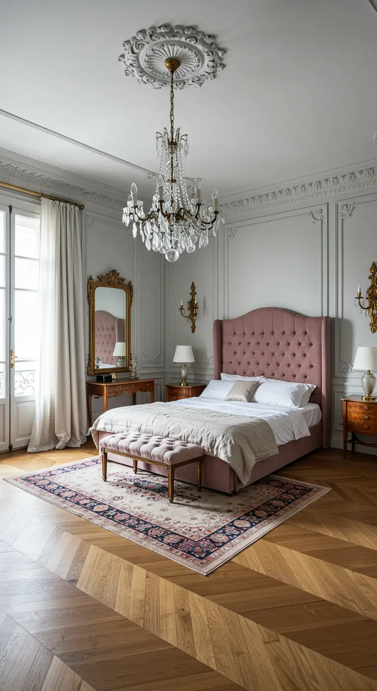 Luxe slaapkamer met roze bed, kroonluchter en visgraatvloer.