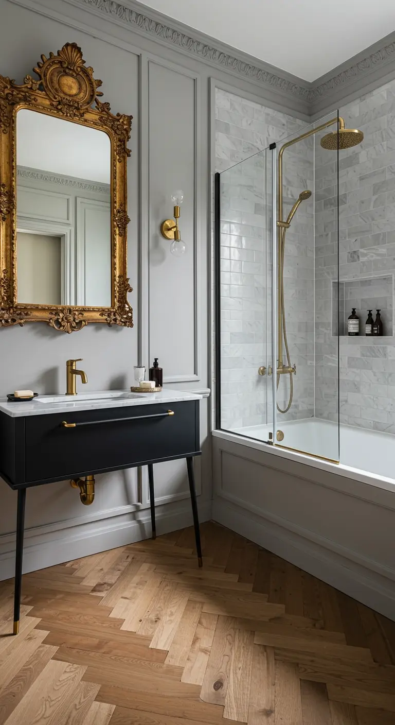 Elegante badkamer met grijze wandpanelen, een zwarte wastafel en een grote gouden spiegel.