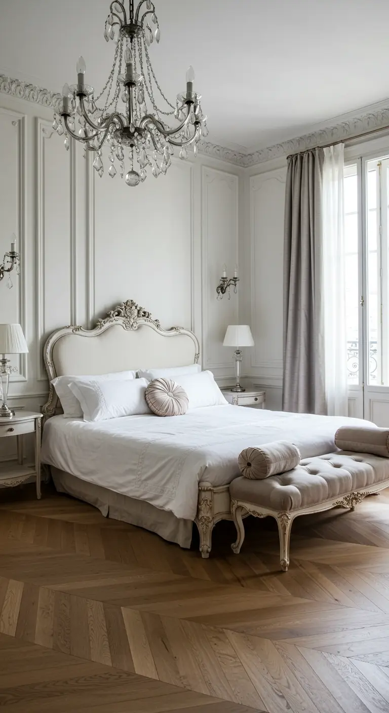 Elegante slaapkamer in Parijse stijl met kroonluchter, visgraatvloer en sierlijk hoofdbord.