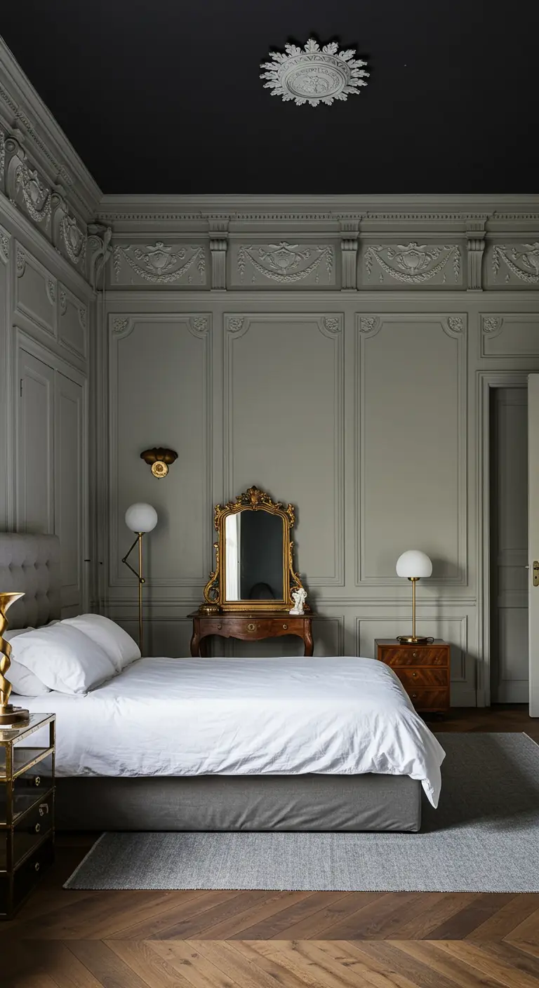 Elegante slaapkamer met grijs gedecoreerde muren, een zwart plafond met wit ornament en gouden accenten.