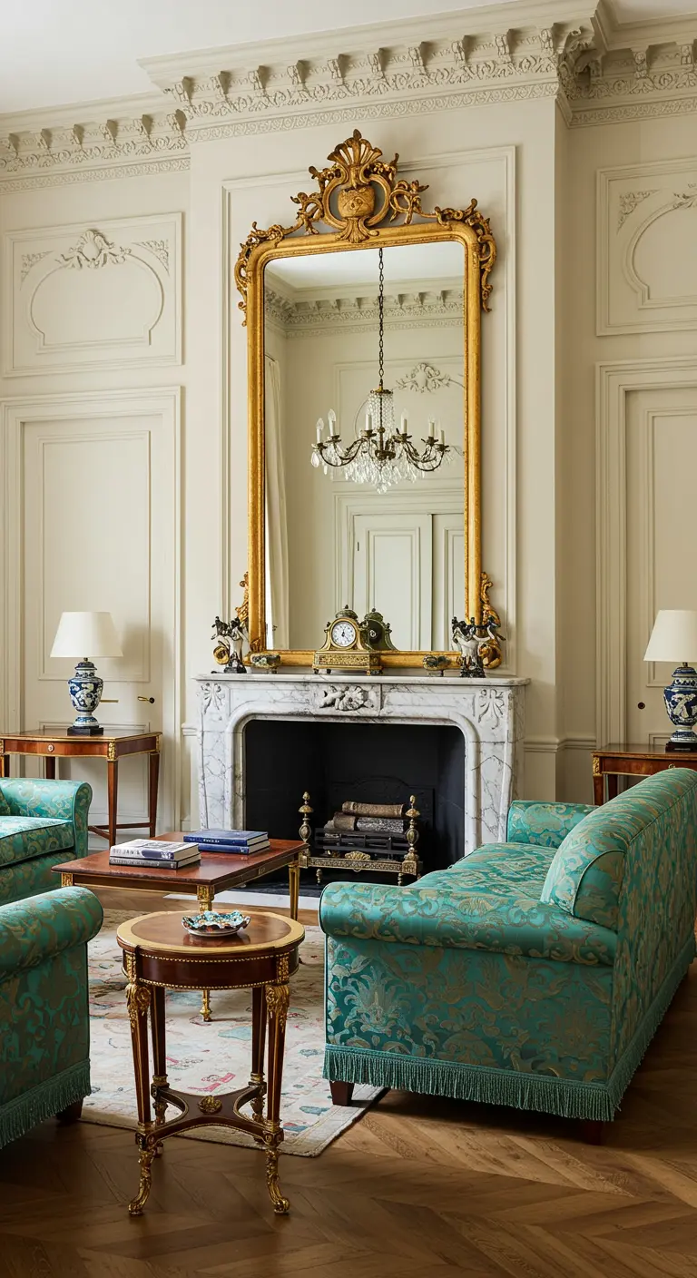 Klassieke Parijse woonkamer met turquoise bank en een grote gouden spiegel boven de haard.
