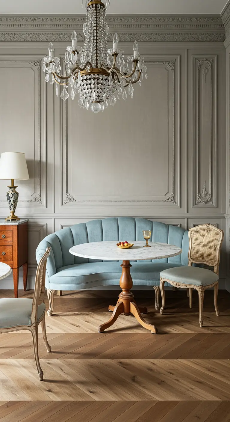 Parijse stijl eetkamer met sierlijsten, een lichtblauwe bank en een kristallen kroonluchter.