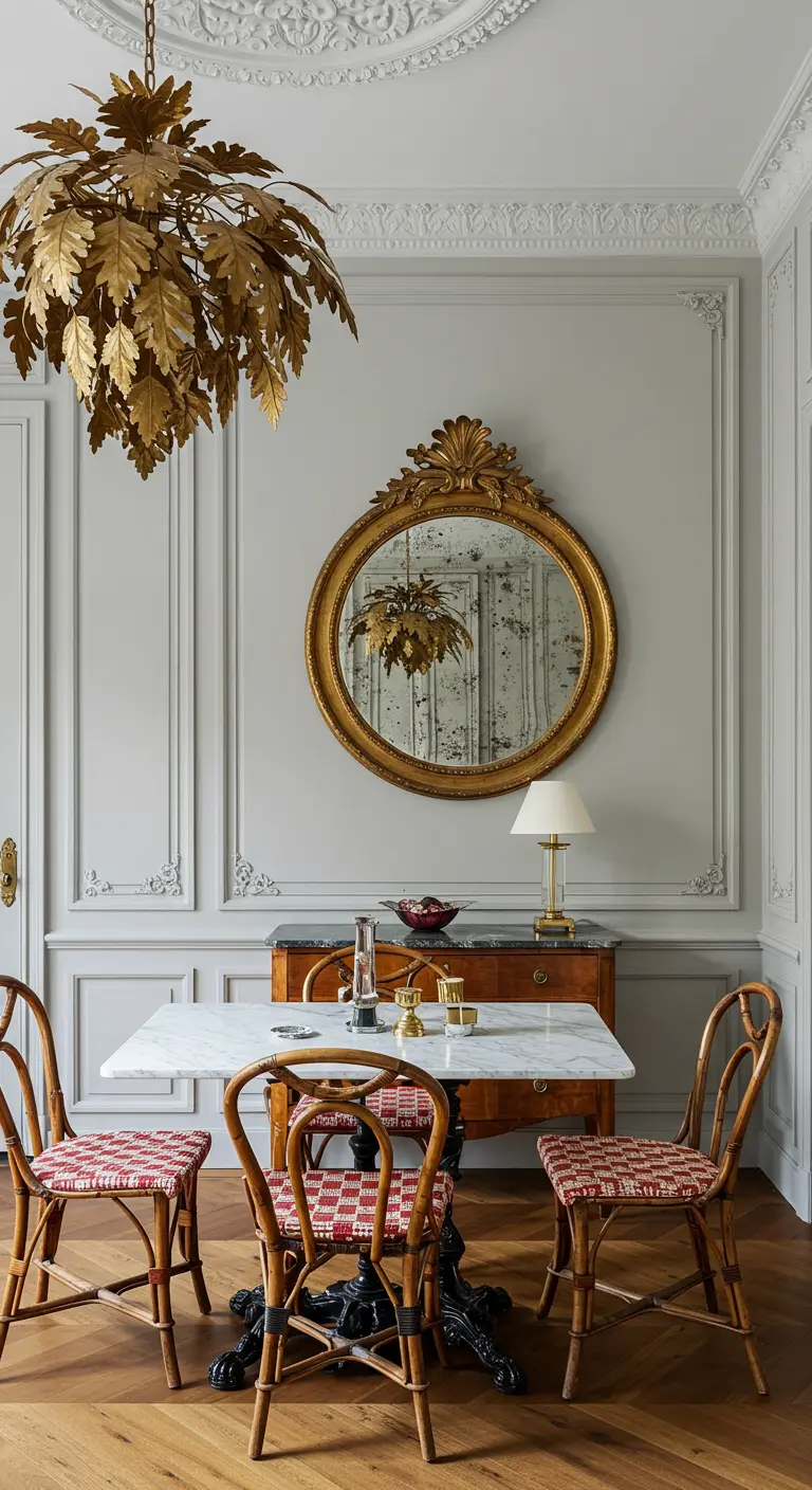 Parijse eethoek met een marmeren tafel, rotan stoelen en een antieke gouden spiegel.