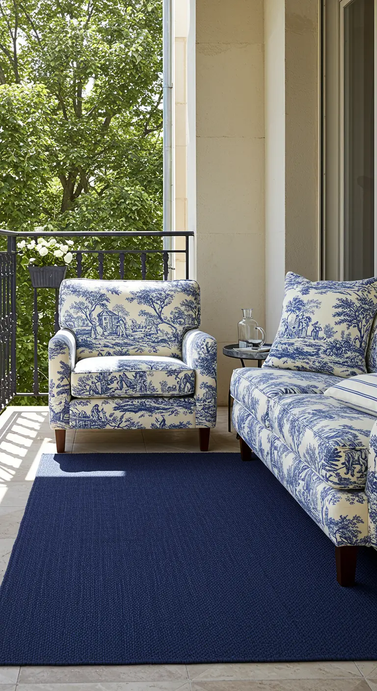 Klassiek balkon met bank en stoel bekleed met blauw-witte Toile de Jouy print.