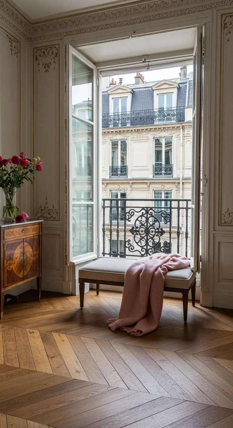 Elegant bankje met een roze deken voor een openstaand Frans balkon in Parijs.