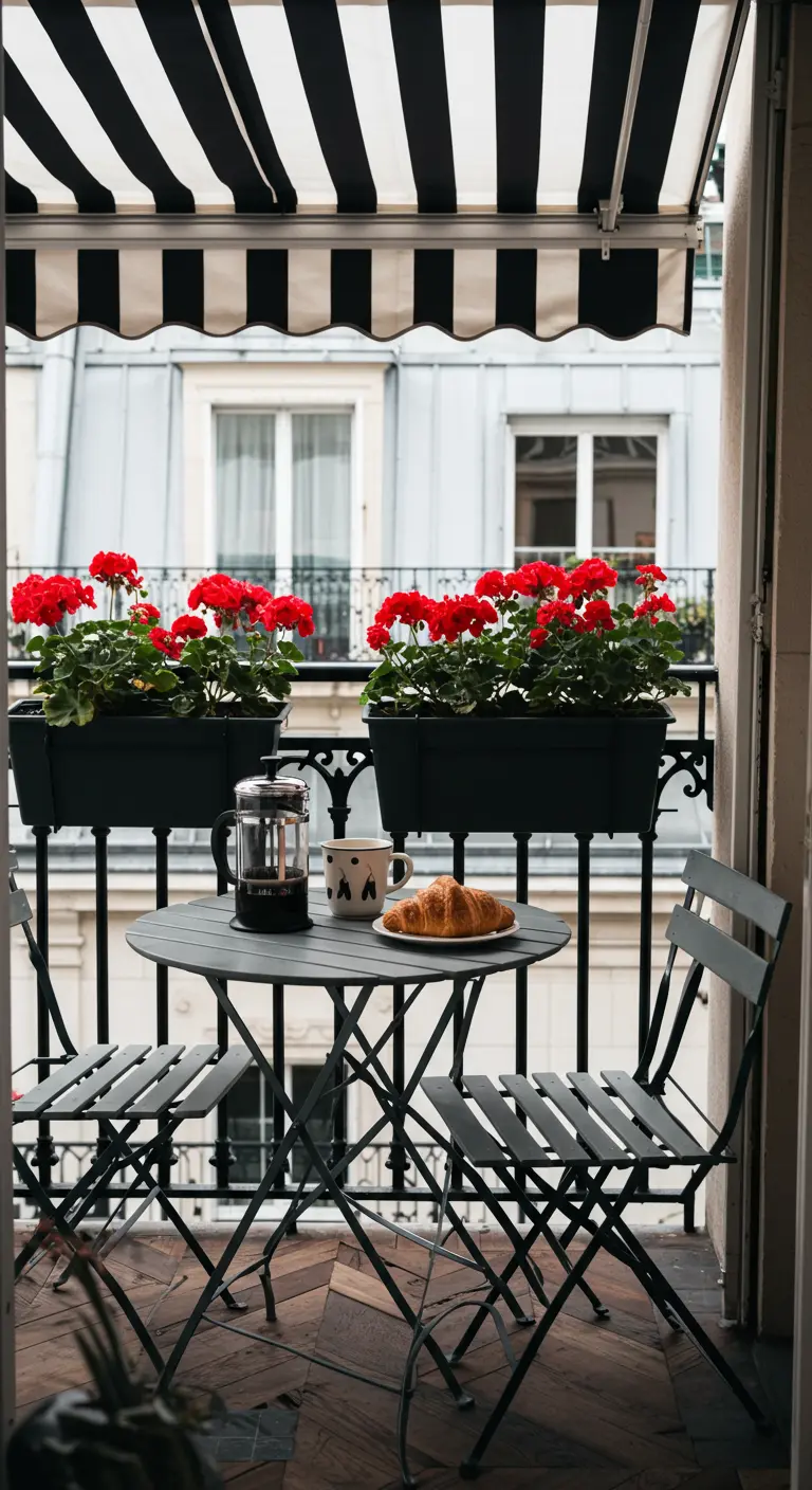 Balkon met Parijse sfeer, zwart-wit zonnescherm, bistrosetje en rode geraniums in bloembakken.