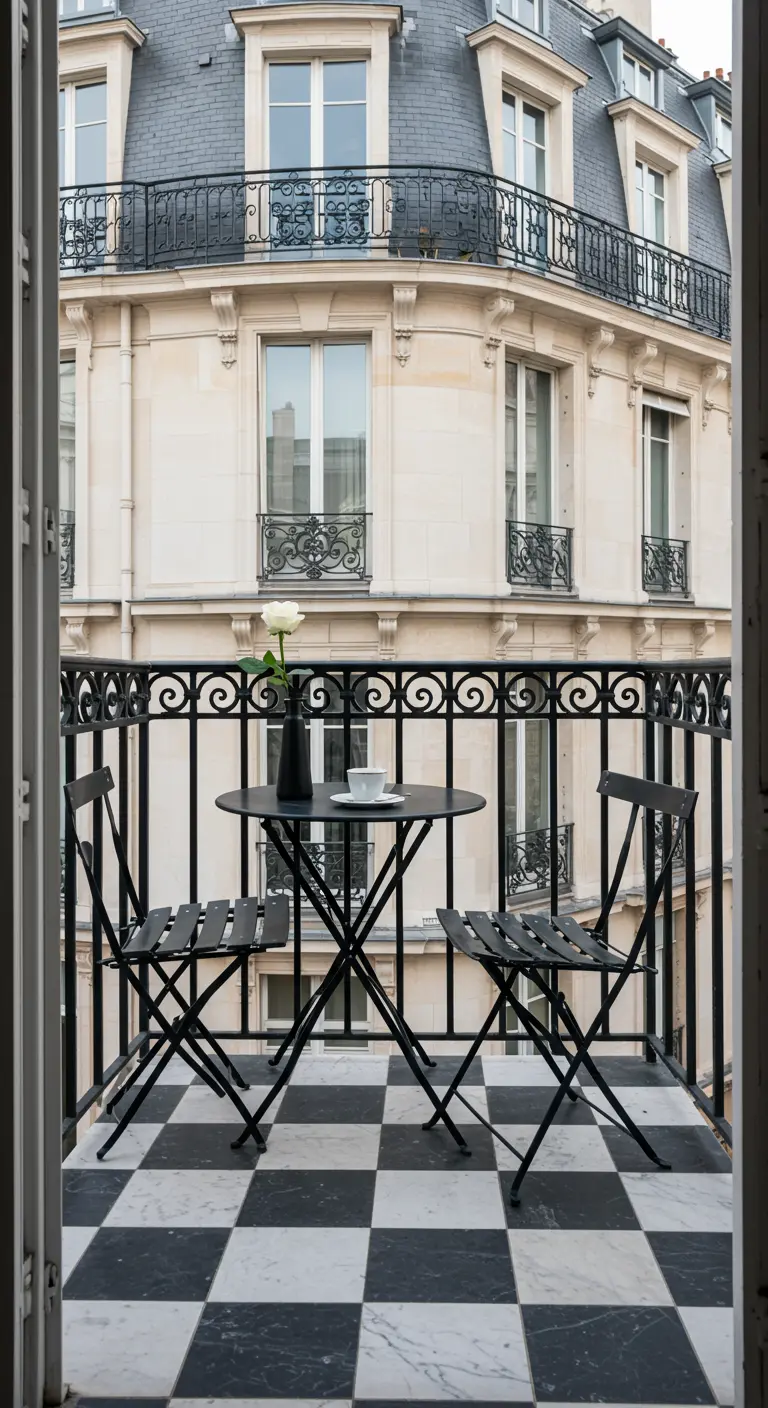 Klassiek balkon met zwart-wit geblokte tegelvloer en een zwarte bistroset.