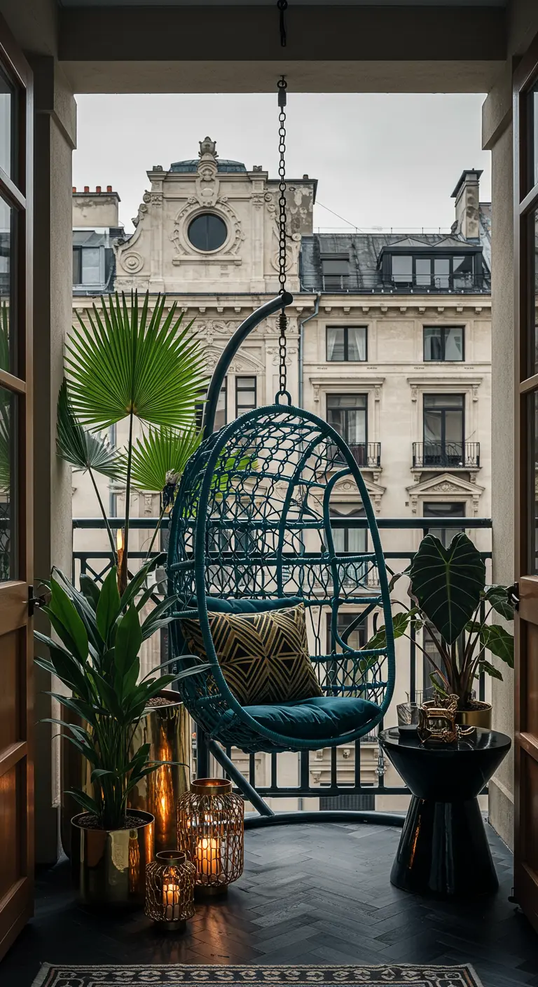 Pauwblauwe hangstoel op een balkon met uitzicht op een klassiek Parijs gebouw, met gouden plantenpotten.