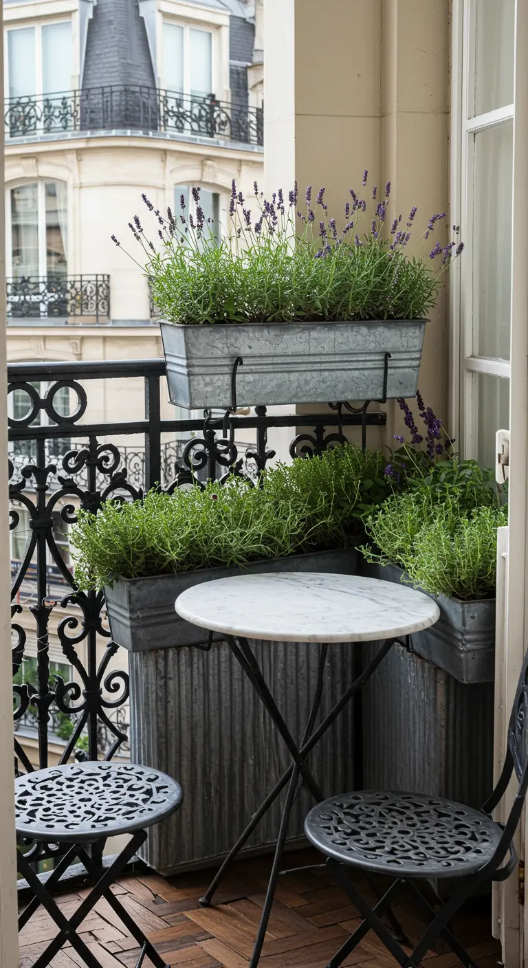Parijs balkon met zinken bakken vol lavendel en een klein bistrosetje.
