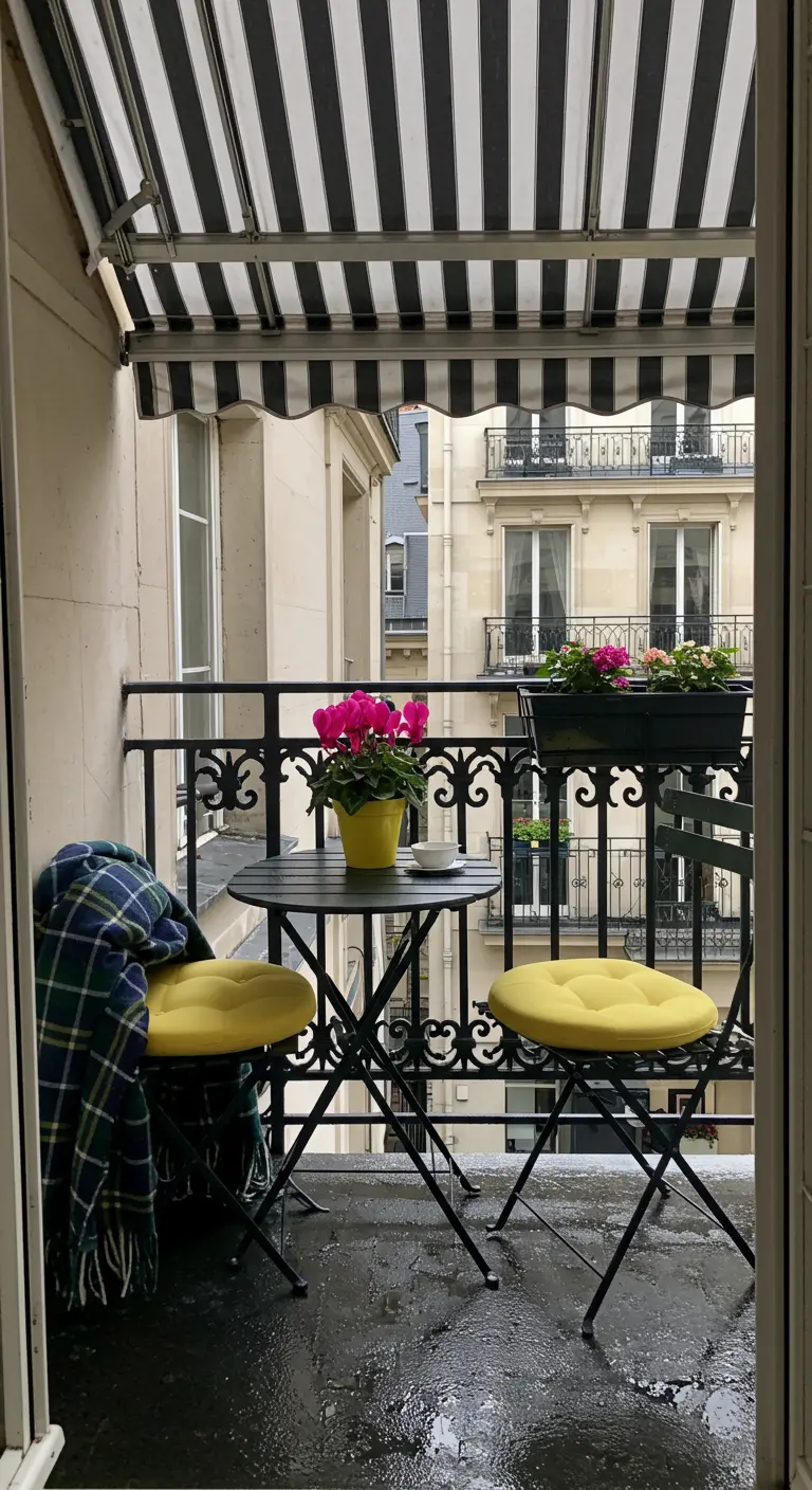 Klassiek balkon met zwart bistrosetje, gele kussens, geruit plaid en een gestreept zonnescherm.