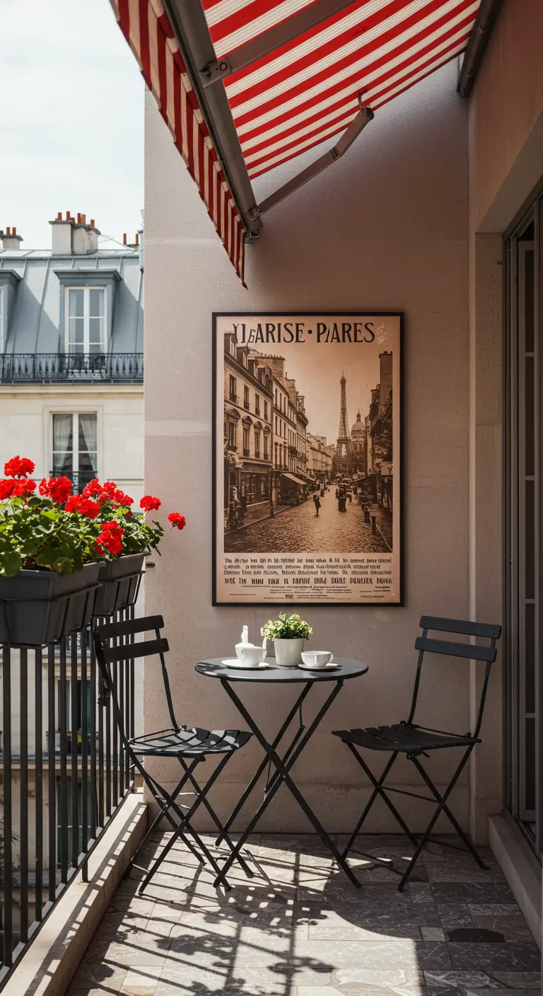 Parijs balkon met bistroseltje, rode geraniums en een vintage poster van de Eiffeltoren.