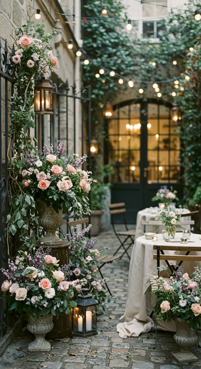 Romantische binnenplaats met lichtslingers, lantaarns en grote urnen met roze en paarse bloemen.