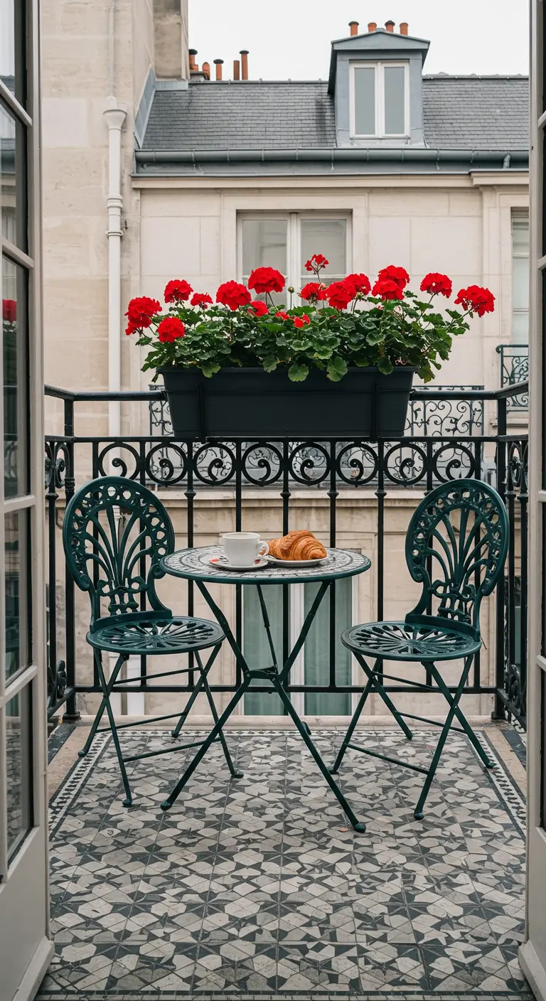 Klassiek Frans balkon met een zwart-wit mozaïekvloer en een donkergroen bistrosetje.