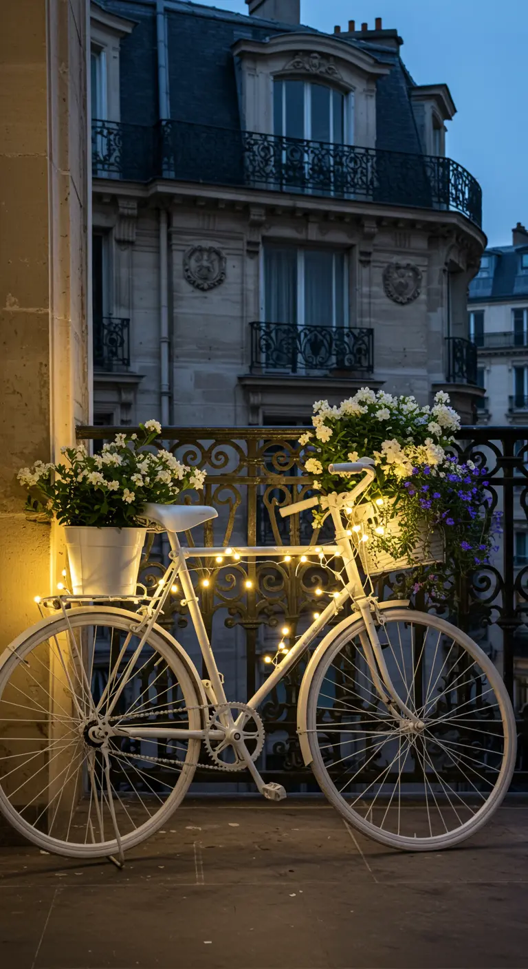 Witte fiets op een balkon, versierd met lichtjes en witte bloemen in potten.